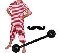 Mens Strongman Costume - Medium - Circus Strong Man Fancy Dress 1920's 40's Strongmen Weight Lifter Striped Top + Striped Trousers + Moustache + Inflatable Dumbell