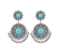 mens stud earrings,Western Jewelry Bohemian Retro Antique Silver Color Alloy Carved Imitation Turquoise Beads Tassel Earrings For Women 2025 Trend