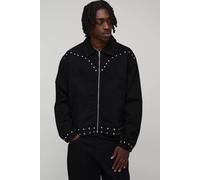 Men's Studded Western Oversized Boxy Denim Jacket | True Black | Size Large | BOOHOOMAN