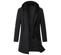 Mens Stylish Hooded Trench Coats Wool Blend Quilted Lined Winter Jackets Long Sleeve Slim Fit Mid-Length Jacket