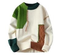 Men's Stylish Patchwork Sweaters Loose Fit Crewneck Color Block Cable Knit Pullovers Long Sleeve Jumper Tops(Green,Large)