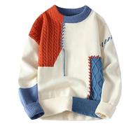 Men's Stylish Patchwork Sweaters Loose Fit Crewneck Color Block Cable Knit Pullovers Long Sleeve Jumper Tops(Red,Large)