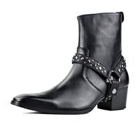Men's Suede Leather Casual Chelsea Boots Rivets Buckle High Heel Zipper Dress Boots,Black Polished,8.5