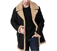 Mens Suede Leather Jacket Faux Fur Sherpa Fleece Lined Trucker Jacket Sheepskin Winter Trench Coat Warm Thick Outwear Fluffy Lapel Motorcycle Cargo Work Jacket Overcoat for Men UK Sale Clearance