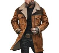 Mens Suede Leather Jacket Turn-Down Collar Flap Pockets Trucker Jacket Brown Vintage Fleece Lined Jacket Faux Suede Oversized Trench Coat Motorcycle Western Work Jacket Winter Warm Overcoat Outwear