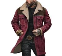 Mens Suede Leather Jacket Turn-Down Collar Flap Pockets Trucker Jacket Brown Vintage Fleece Lined Jacket Faux Suede Oversized Trench Coat Motorcycle Western Work Jacket Winter Warm Overcoat Outwear