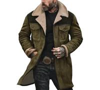 Mens Suede Leather Jacket Turn-Down Collar Flap Pockets Trucker Jacket Brown Vintage Fleece Lined Jacket Faux Suede Oversized Trench Coat Motorcycle Western Work Jacket Winter Warm Overcoat Outwear