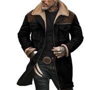 Mens Suede Leather Jacket Turn-Down Collar Flap Pockets Trucker Jacket Brown Vintage Fleece Lined Jacket Faux Suede Oversized Trench Coat Motorcycle Western Work Jacket Winter Warm Overcoat Outwear