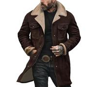 Mens Suede Leather Jacket Turn-Down Collar Flap Pockets Trucker Jacket Brown Vintage Fleece Lined Jacket Faux Suede Oversized Trench Coat Motorcycle Western Work Jacket Winter Warm Overcoat Outwear