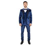 Men's Suit 3 Piece Blue Velvet Paisley Shawl Collar Tailored Fit Wedding Tuxedo - Blue 44