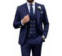 Mens Suit 3 Piece Double Breasted Suit Men Slim Fit Formal Tuxedo Suit Set Groomsmen Wedding Prom Suits, Navy Blue, L
