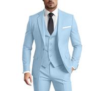 Men's Suit 3 Pieces Slim Fit Formal Business Wedding 2 Buttons Blazer Vest Pants Set Tuxedo, Sky Blue, M
