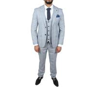 Men's Suit Blue 3 Piece Tweed Check Wedding Prom Tailored Fit - Blue 34