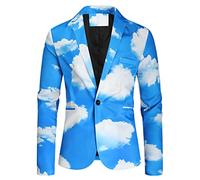 Men'S Suit Jacket Casual Buckle Printed Single-Breasted Jacket Soft Comfortable Work Formal Jackets Personalized Wearable Comfy Cardigan Coat Turn Down Collar Breathable Cardigan Blue