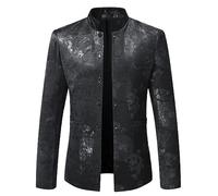 Men'S Suit Jackets,Mens Lightweight Blazer Jacket Jacquard Button Down Chinese Collar Grandad Suit Jacket Slim Fit Suit Blazer Casual Smart Plus Size Smoking Dinner Blazer,Black,Xl