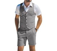 Men's Suit Linen 2 Piece Vests Short Pants Suits for Men Casual Summer Beach Groomsmen Wedding Waistcoat Set Outfit, Grey, S