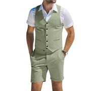 Men's Suit Linen 2 Piece Vests Short Pants Suits for Men Casual Summer Beach Groomsmen Wedding Waistcoat Set Outfit, Light Green, S