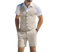Men's Suit Linen 2 Piece Vests Short Pants Suits for Men Casual Summer Beach Groomsmen Wedding Waistcoat Set Outfit, Beige, L