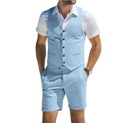 Men's Suit Linen 2 Piece Vests Short Pants Suits for Men Casual Summer Beach Groomsmen Wedding Waistcoat Set Outfit, Light Blue, L