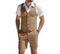 Men's Suit Linen 2 Piece Vests Short Pants Suits for Men Casual Summer Beach Groomsmen Wedding Waistcoat Set Outfit, Khaki, Medium