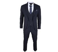 Men's Suit Navy Blue Checked Tailored Fit 3 Piece Formal Dress - Navy 50