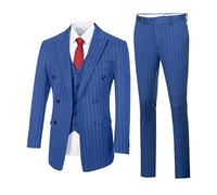 Mens Suit Plaid Slim Fit 3 Pieces Checked Casual Tuxedo Formal Suits for Men Wedding Business Party Blazer Vest Pants Set, Royal Blue Stripe, S