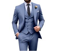 Mens Suit Slim Fit 3 Piece Double Breasted Suit Men Formal Tuxedo Set Casual Wedding Prom Groom Suits, Denim Blue, XS