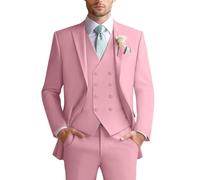 Mens Suit Slim Fit 3 Piece Double Breasted Vest Suit Blazer Vest and Pants, Pink, L