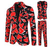 Mens Suit Slim Fit,3 Piece Suits for Men Valentine Heart Printed Suit Tuxdeo Prom Weddding Blazer Vest Pants(Red,XX-Large)