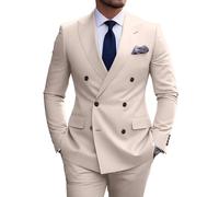 Mens Suit Slim Fit Formal 2 Piece Double Breasted Suit Men Business Tuxedo Set Wedding Prom Groom Suits, Beige, S