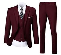 Mens Suit Solid Two Button Slim Fit Suit Set for Wedding Formal Business Suit Men 3 Piece Suit Blazer Vest Pants Set, Dark Burgundy, S