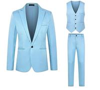 Men'S Suit Suit Solid Color Fashion Casual Dress Up Suit Pants Jacket Undershirt Three Set Light Tux (Blue, XL)