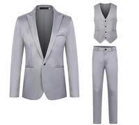 Men'S Suit Suit Solid Color Fashion Casual Dress Up Suit Pants Jacket Undershirt Three Set Light Tux (Grey, XXXL)