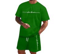 Men's Suit Two Piece Set Short Sleeve T-Shirt Shorts Erotic Print Fashion Summer Outdoor Leisure Clothing, Green, XL