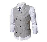 Men'S Suit Vest - Men Spring Autumn Striped Lapel Double Breasted Slim Business Wedding Groomsmen Casual Suit Vest Waistcoat,Light Grey,M