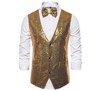 Men'S Suit Vest, Sequin Shiny Waistcoat Casual Suit Vest Festival For Disco Party Prom V-Neck Regular Fit Shiny Sleeveless Waistcoats Bowtie Sequin Waistcoat