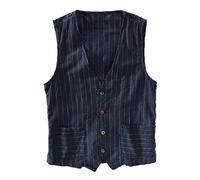 Mens Suit Vest Striped Linen Casual Regular Fit Business Waistcoat Summer Sleeveless Breathable Work Prom Outfits Big and Tall Lightweight Walking Chaleco para Hombre Navy