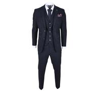 Men's Suit Wool Blend 3 Piece Navy Blue Herringbone Check Tweed Slim Fit Formal Dress - Navy 46