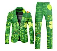 Men's Suits 2 Peices Outfits Fashion Formal Lapel Leprechaun Print Button Down Long Sleeve Tunics Shirt and Wide Leg Pants Trousers Blazers Suit Fancy Dress Leprechaun Costume (61-Red, M)