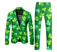 Men's Suits 2 Peices Outfits Fashion Formal Lapel Leprechaun Print Button Down Long Sleeve Tunics Shirt and Wide Leg Pants Trousers Blazers Suit Fancy Dress Leprechaun Costume Green Day Outfits
