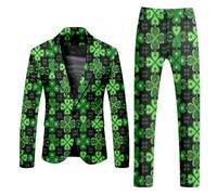 Men's Suits 2 Peices Outfits Fashion Formal Lapel Leprechaun Print Button Down Long Sleeve Tunics Shirt and Wide Leg Pants Trousers Blazers Suit Fancy Dress Leprechaun Costume Green Day (31-AG, L)