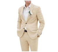 Men's Suits 2 Piece Jacket Pants Linen Two Button Regular Fit Summer Tuxedo for Holiday Traveling Champagne Size M
