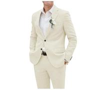 Men's Suits 2 Piece Jacket Pants Linen Two Button Regular Fit Summer Tuxedo for Holiday Traveling Cream Size M