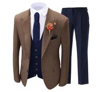 Mens Suits 3 Piece Check Plaid Suit Single Breasted Two Button Jackets Formal Dress Party Prom Tuxedo Suits, Brown, M-cm