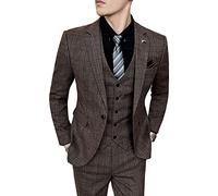 Mens Suits 3 Piece Checked Plaid Suit 1 Button Vintage Tweed Blazer Vest Pants Tuxedos Set for Wedding Party Dinner Prom (Coffee,L)
