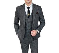 Mens Suits 3 Piece Checked Plaid Suit 1 Button Vintage Tweed Blazer Vest Pants Tuxedos Set for Wedding Party Dinner Prom (Dark Grey,XL)