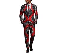 Mens Suits 3 Piece Halloween Costumes UK Skeleton Bone Print | Funny Blazer and Trousers Tie Sets Ghost Pumpkin Skeleton Printed Suit Formal Long Sleeve 3 Pcs Set Men Halloween Cosplay