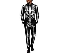 Mens Suits 3 Piece Halloween Costumes UK Skeleton Bone Print | Funny Blazer and Trousers Tie Sets Ghost Pumpkin Skeleton Printed Suit Formal Long Sleeve 3 Pcs Set Men Halloween Cosplay