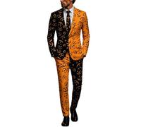 Mens Suits 3 Piece Halloween Costumes UK Ugly Funny Blazer and Trousers Tie Sets Ghost Pumpkin Skeleton Printed Suit Formal Long Sleeve 3 Pcs Set Men Performances Cosplay Adult Halloween Costume S-3XL