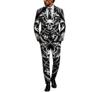 Mens Suits 3 Piece Halloween Costumes UK Ugly Funny Blazer and Trousers Tie Sets Ghost Pumpkin Skeleton Printed Suit Formal Long Sleeve 3 Pcs Set Men Performances Cosplay Adult Halloween Costume S-3XL